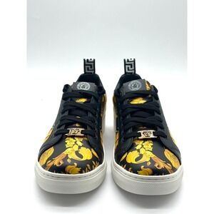 Versace Barocco Print Leather Low Top Sneakers Black Yellow Medusa Charms Sz 38
